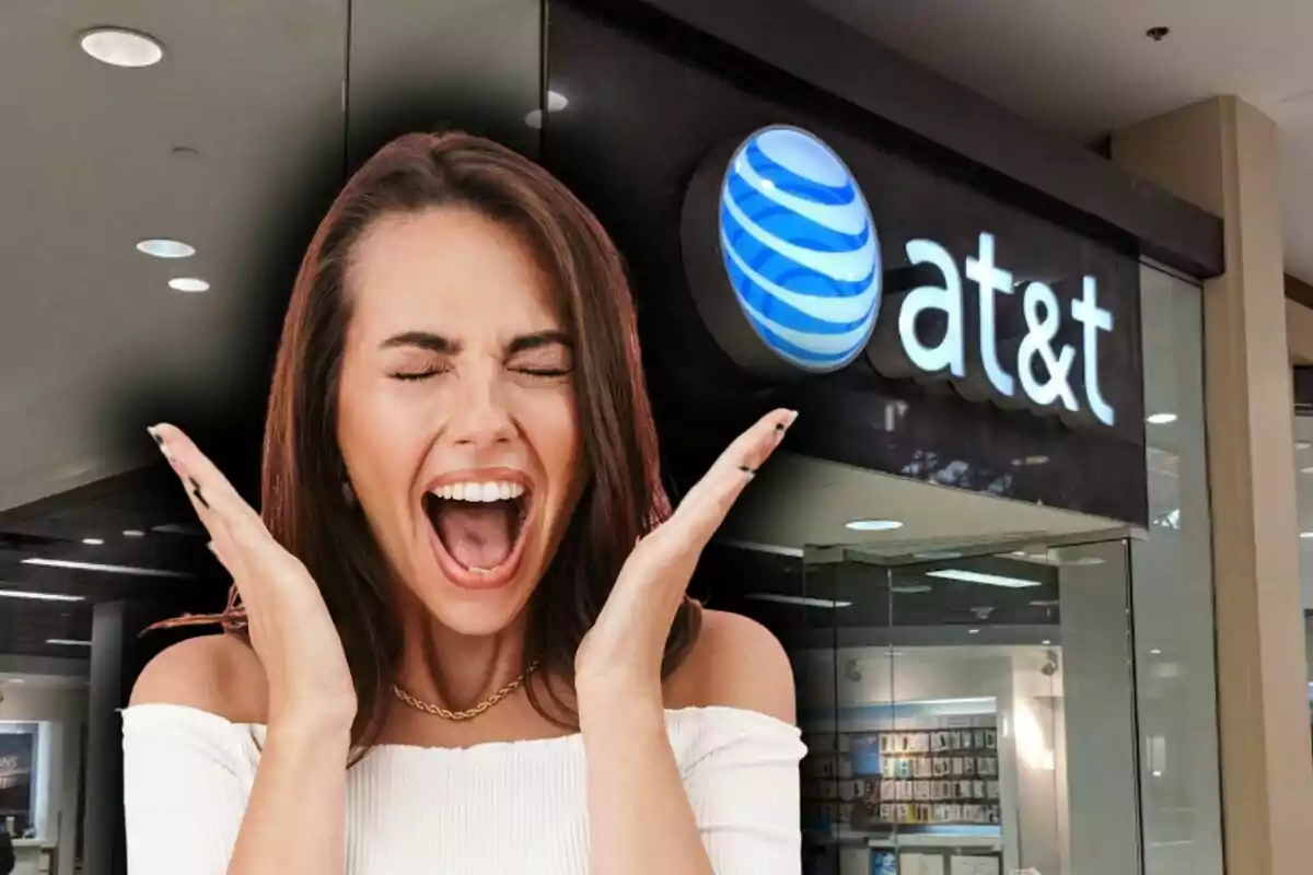 Photo montage of an excited woman in front of an AT&T store in the United States.