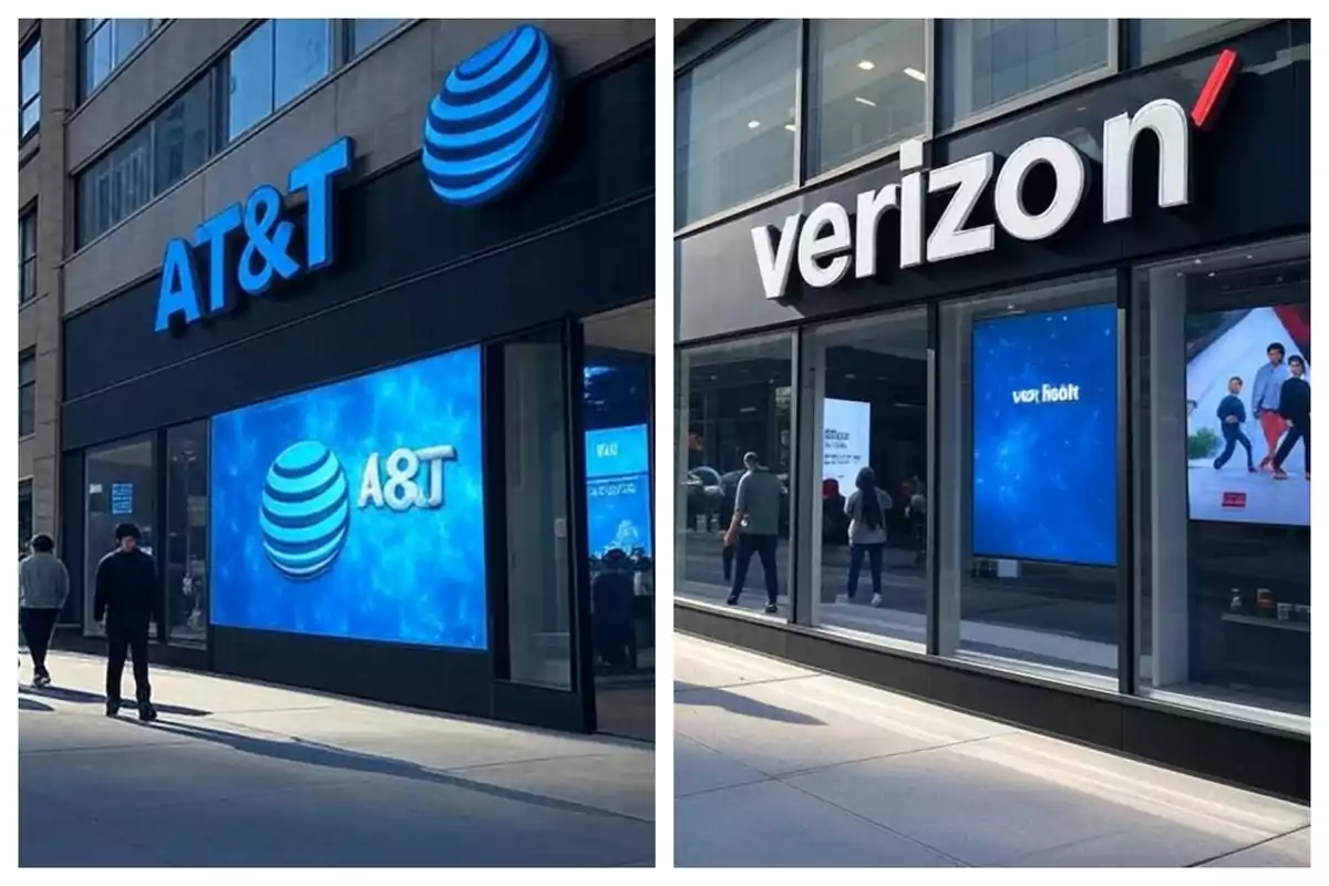 Dues botigues de telecomunicacions, una d'AT&T i una altra de Verizon, amb els seus logotips visibles a les façanes. Dues botigues de telecomunicacions, una d'AT&T i una altra de Verizon, amb els seus logotips visibles a les façanes.