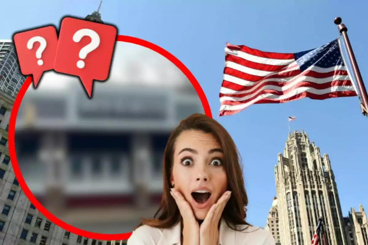 Woman surprised with a background of the American flag and buildings. Woman surprised with a background of the American flag and buildings.