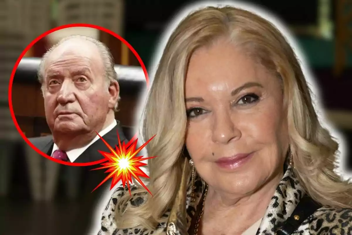 Montaje de fotos de Bárbara Rey sonriente en primer plano con una foto de Juan Carlos I en un círculo rojo en el fondo. Montaje de fotos de Bárbara Rey sonriente en primer plano con una foto de Juan Carlos I en un círculo rojo en el fondo.