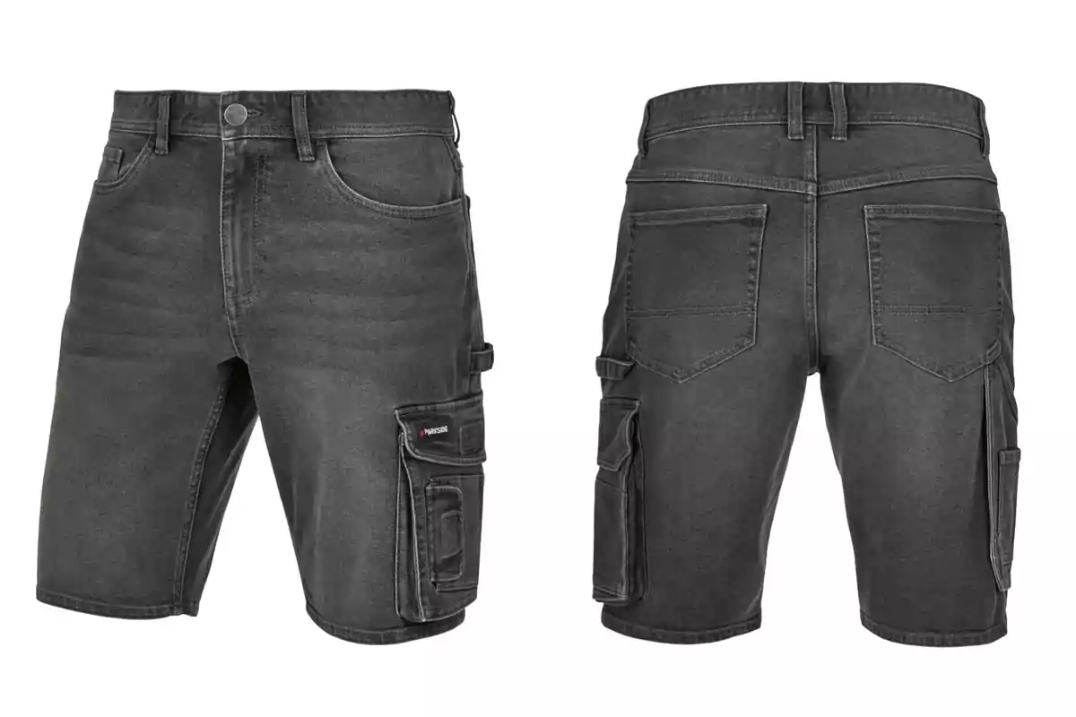 Un parell de pantalons curts de mezclilla de color gris fosc amb múltiples butxaques de Lidl, incloent-hi una butxaca cargo al lateral, vistos des del davant i la part del darrere. Un parell de pantalons curts de mezclilla de color gris fosc amb múltiples butxaques de Lidl, incloent-hi una butxaca cargo al lateral, vistos des del davant i la part del darrere.