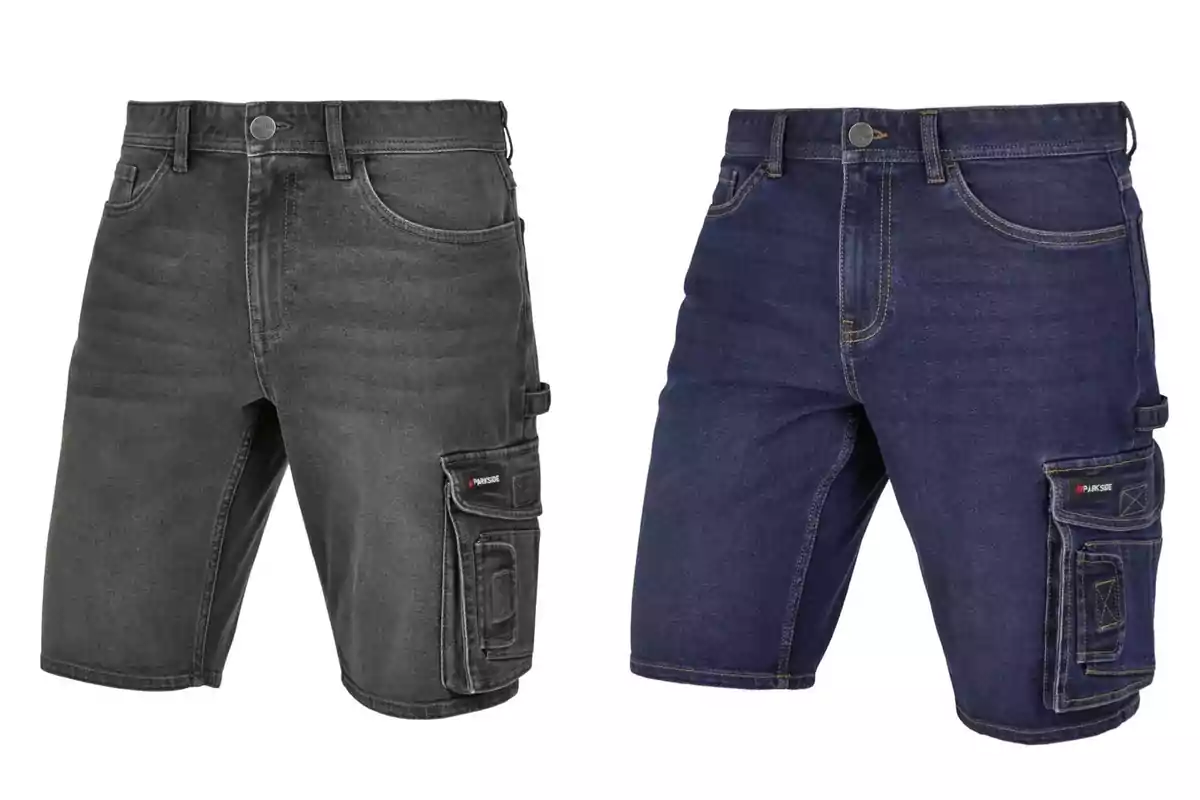 Dos pantalons curts de mezclilla de Lidl, un de color negre i l'altre blau, tots dos amb butxaques laterals i costures visibles. Dos pantalons curts de mezclilla de Lidl, un de color negre i l'altre blau, tots dos amb butxaques laterals i costures visibles.