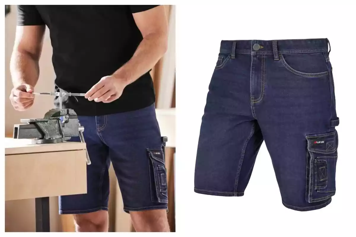 Un home amb samarreta negra i pantalons curts de mezclilla treballa amb una eina en un banc de treball al costat d'una imatge dels mateixos pantalons curts en detall, els quals es venen a Lidl. Un home amb samarreta negra i pantalons curts de mezclilla treballa amb una eina en un banc de treball al costat d'una imatge dels mateixos pantalons curts en detall, els quals es venen a Lidl.
