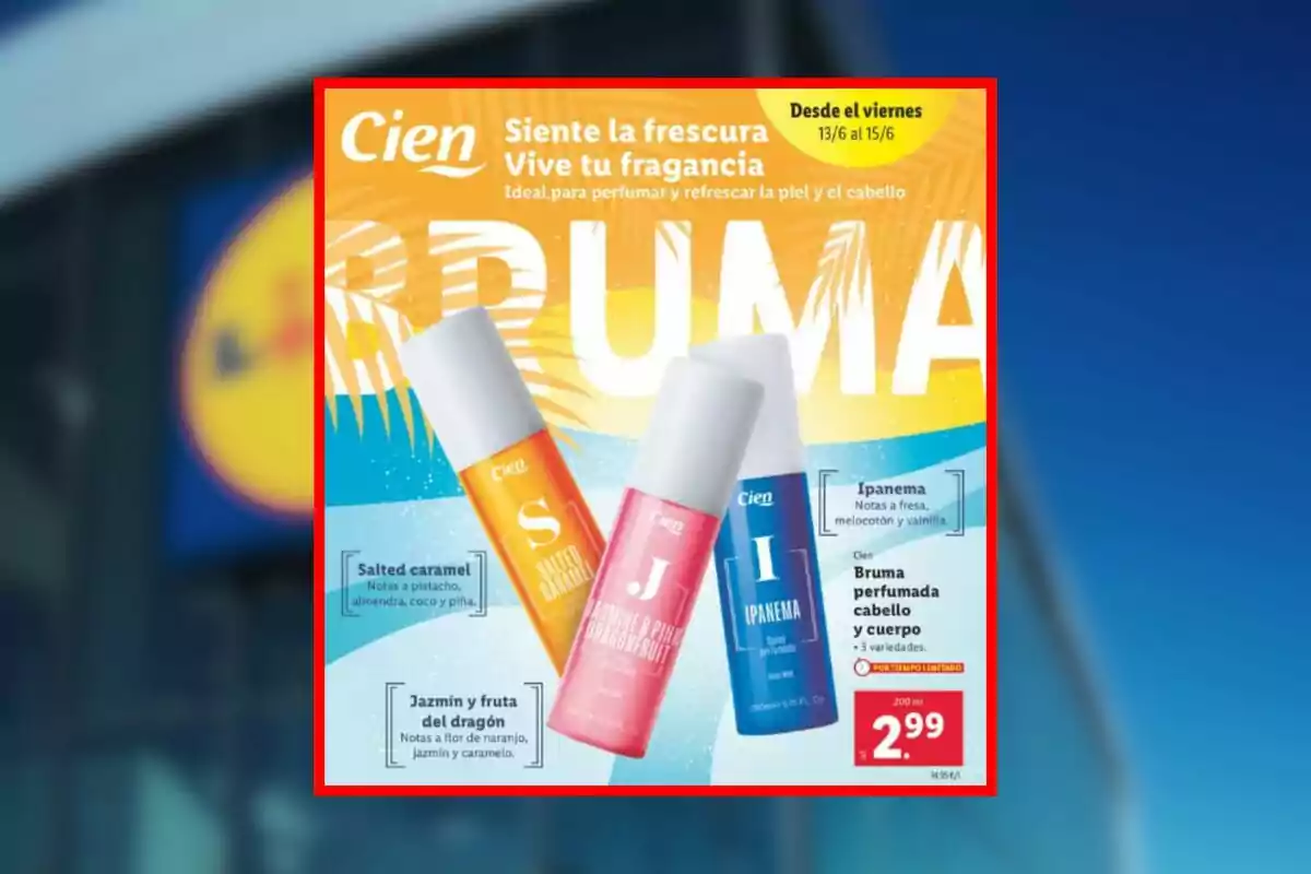 Publicitat de brumes perfumades per a cabell i cos de la marca Cien de Lidl en tres varietats amb fons acolorit i preu destacat de 2,99 euros. Publicitat de brumes perfumades per a cabell i cos de la marca Cien de Lidl en tres varietats amb fons acolorit i preu destacat de 2,99 euros.