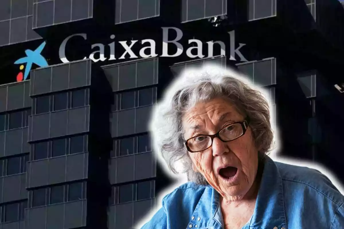 Una dona gran amb expressió de sorpresa davant d'un edifici de CaixaBank.