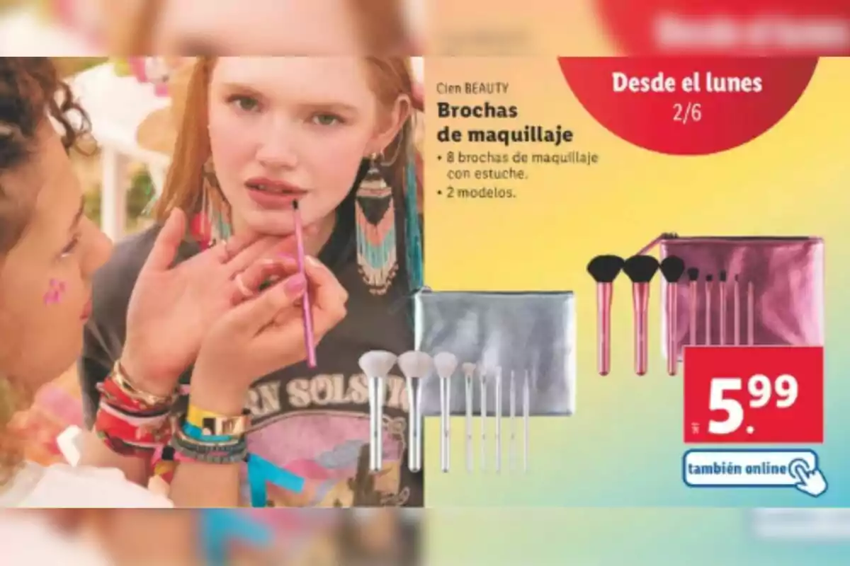 Dues persones fent servir brotxes de maquillatge de Lidl amb un anunci de set de brotxes i estoig en oferta per 5,99 euros. Dues persones fent servir brotxes de maquillatge de Lidl amb un anunci de set de brotxes i estoig en oferta per 5,99 euros.