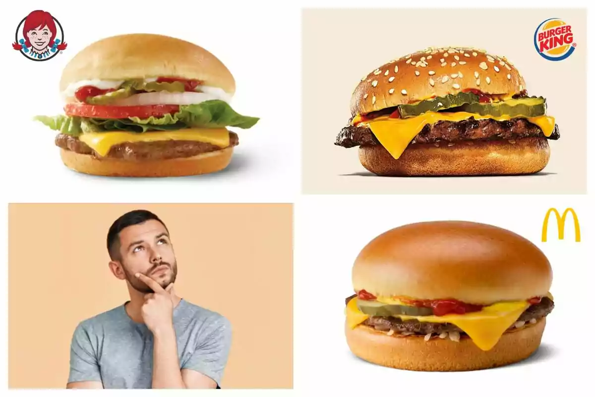 Three burgers from different fast food chains next to a pensive man. Three burgers from different fast food chains next to a pensive man.