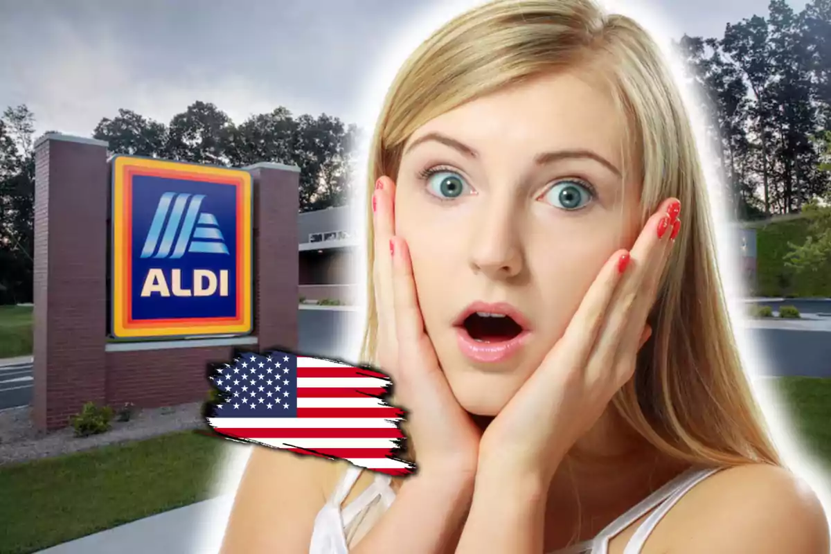 A person with a surprised expression in front of an Aldi store sign and a United States flag.