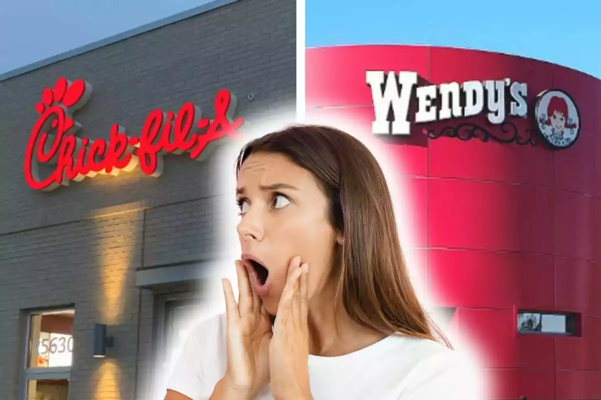 Una mujer con expresión de sorpresa está en primer plano mientras al fondo se ven los letreros de Chick-fil-A y Wendy's.