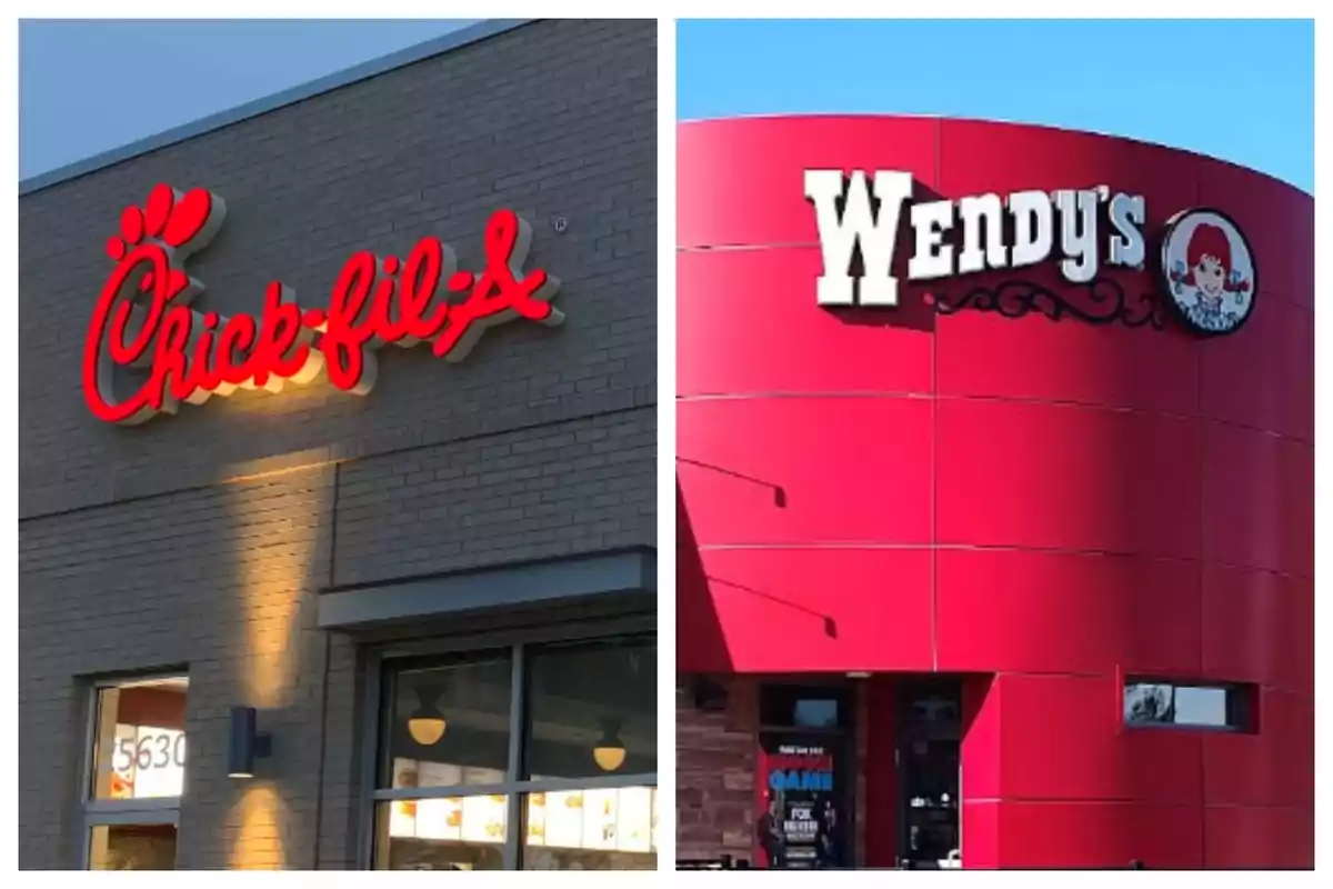 Dos fachadas de restaurantes de comida rápida, una de Chick-fil-A y otra de Wendy's, con sus respectivos logotipos visibles. Dos fachadas de restaurantes de comida rápida, una de Chick-fil-A y otra de Wendy's, con sus respectivos logotipos visibles.