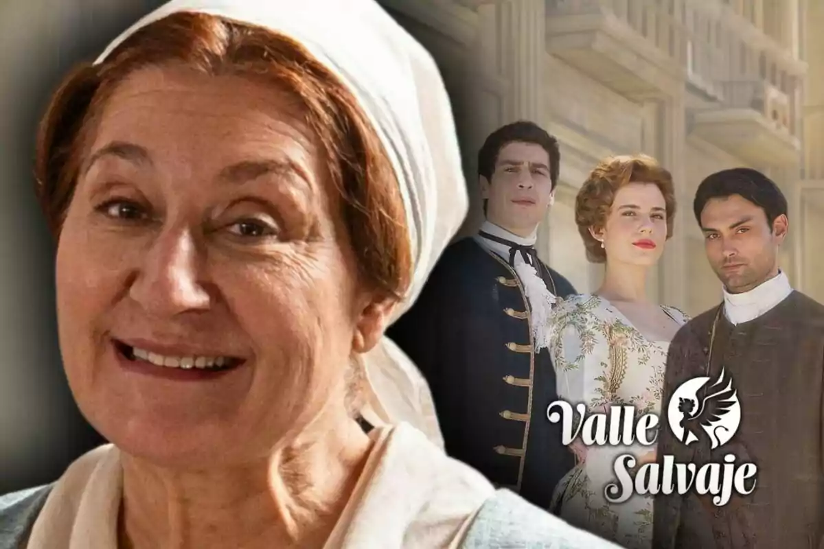 Primer pla de Chiqui Fernández somrient mentre tres persones vestides amb roba d'època posen al fons al costat del logotip de "Valle Salvaje".
