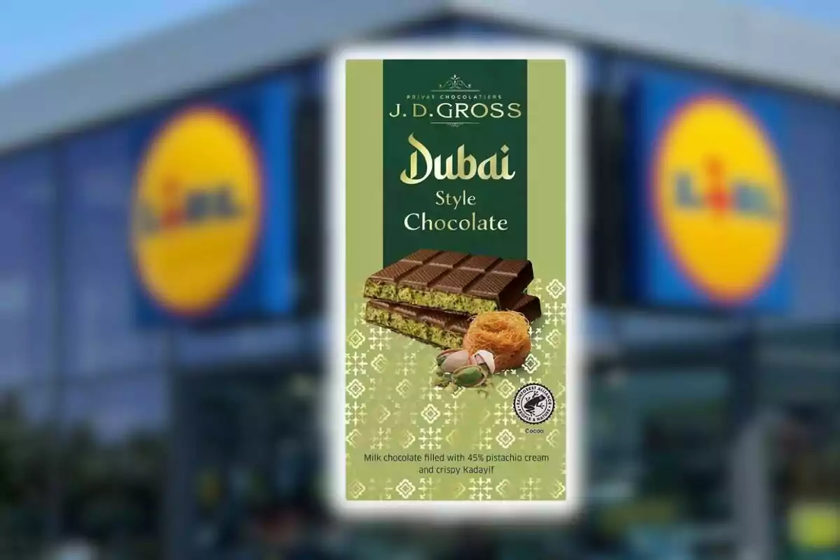 Una tauleta de xocolata estil Dubai de la marca J.D. Gross amb farciment de crema de festuc i kadayif cruixent que es ven a Lidl, davant d'un fons borros d'un supermercat.