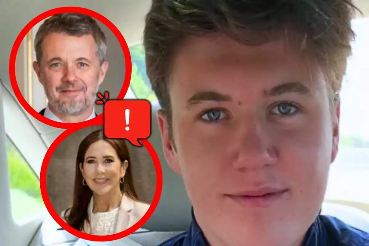 Muntatge de fotos de Christian de Dinamarca i els seus pares, Mary i Frederic de Dinamarca al costat amb un emoji d’exclamació.