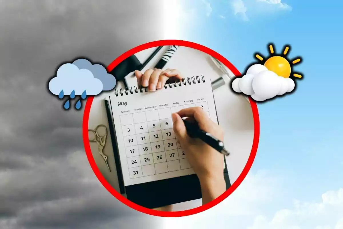Una mà sosté un bolígraf sobre un calendari de maig, envoltat per un cercle vermell, amb un fons dividit entre núvols foscos i un cel assolellat. Una mà sosté un bolígraf sobre un calendari de maig, envoltat per un cercle vermell, amb un fons dividit entre núvols foscos i un cel assolellat.