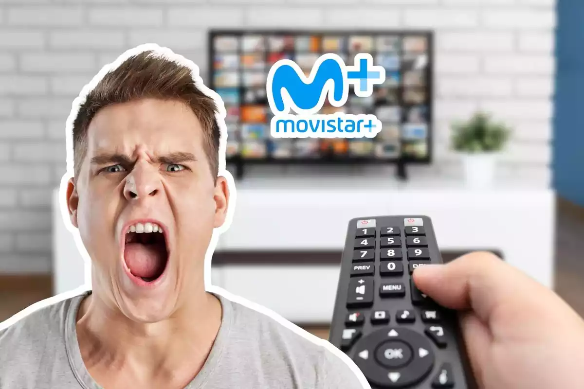 Muntatge de fotos d'una persona enfadada i, de fons, una televisió amb el logotip de Movistar Plus+