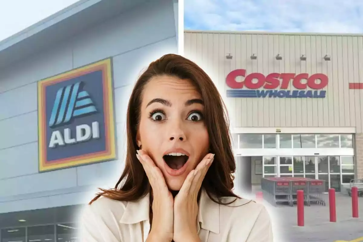 A woman with a surprised expression is in the foreground while in the background the facades of two stores, one of Aldi and the other of Costco, can be seen.