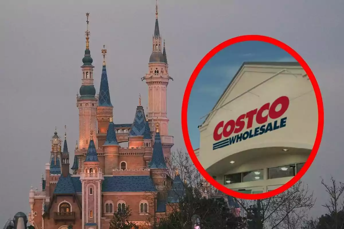 Montaje de fotos de un castillo de Disney con un círculo rojo que muestra la entrada de una tienda Costco.