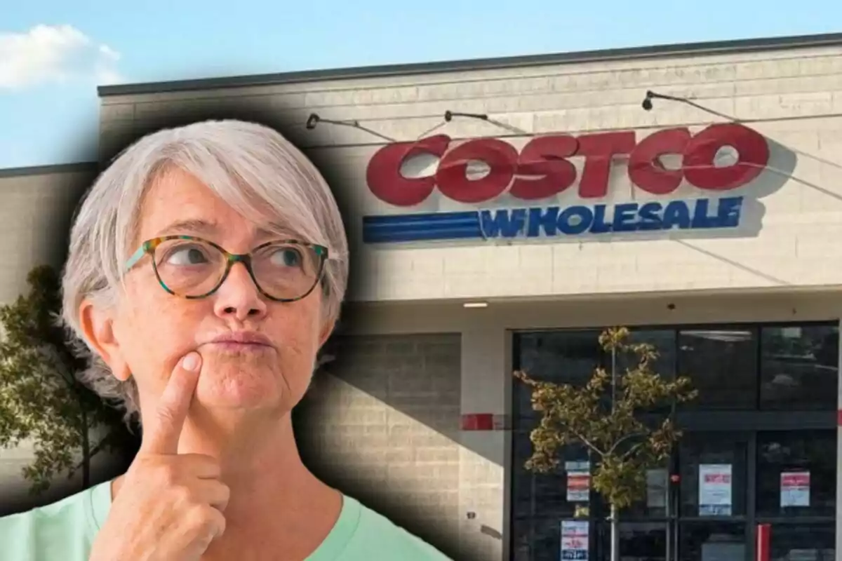 An older woman with a pensive expression is superimposed in front of the entrance to a Costco store.