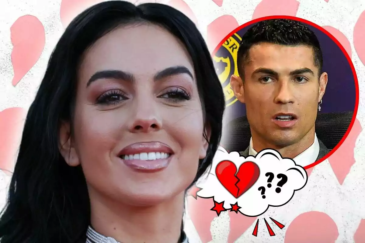 Georgina Rodríguez somrient en primer pla amb la imatge de Cristiano Ronaldo en un cercle vermell amb un cor trencat i signes d'interrogació al fons.