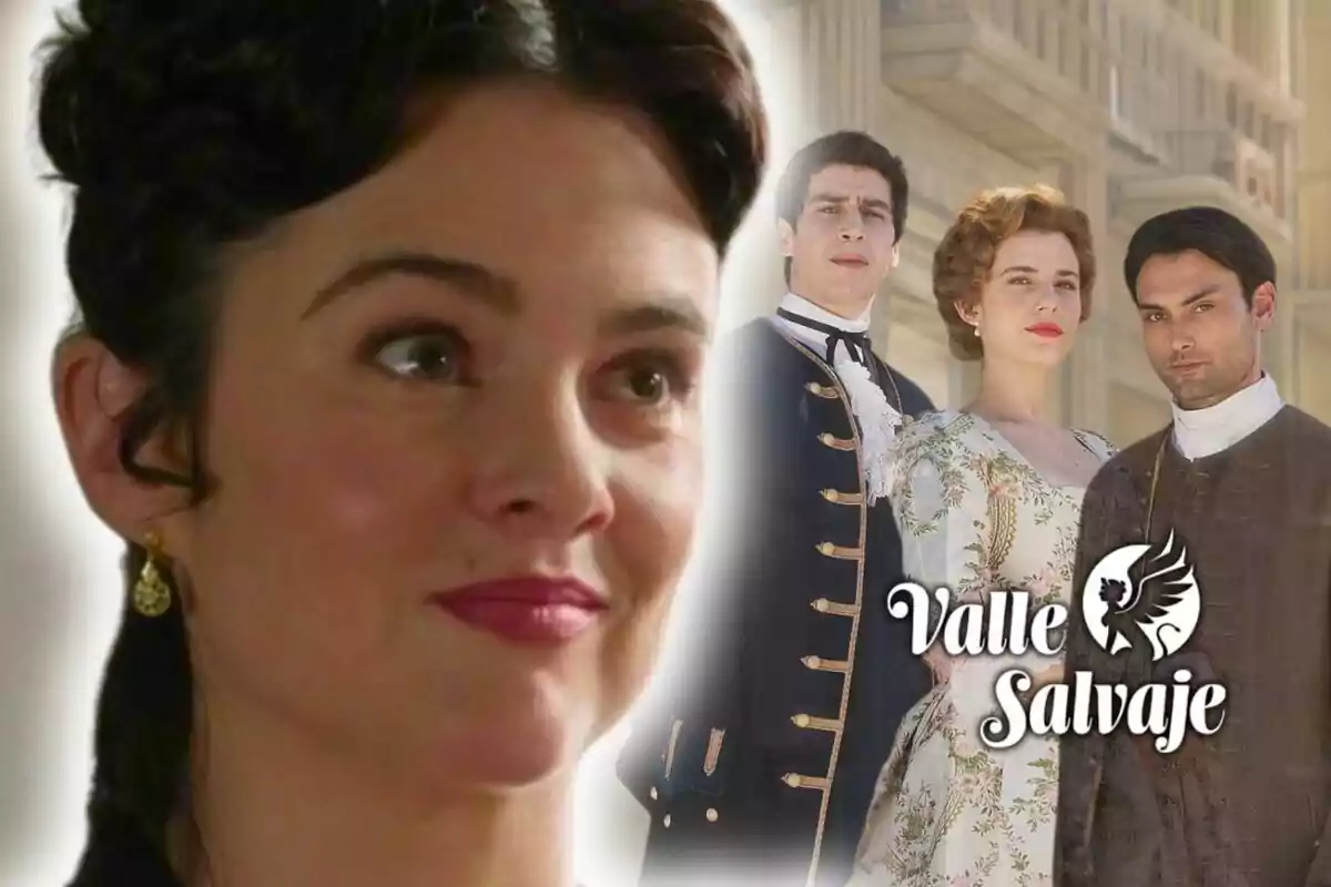 Primer pla de Cristina Abad amb expressió somrient a l'esquerra, al fons tres persones amb vestimenta d'època i el text 'Valle Salvaje'.