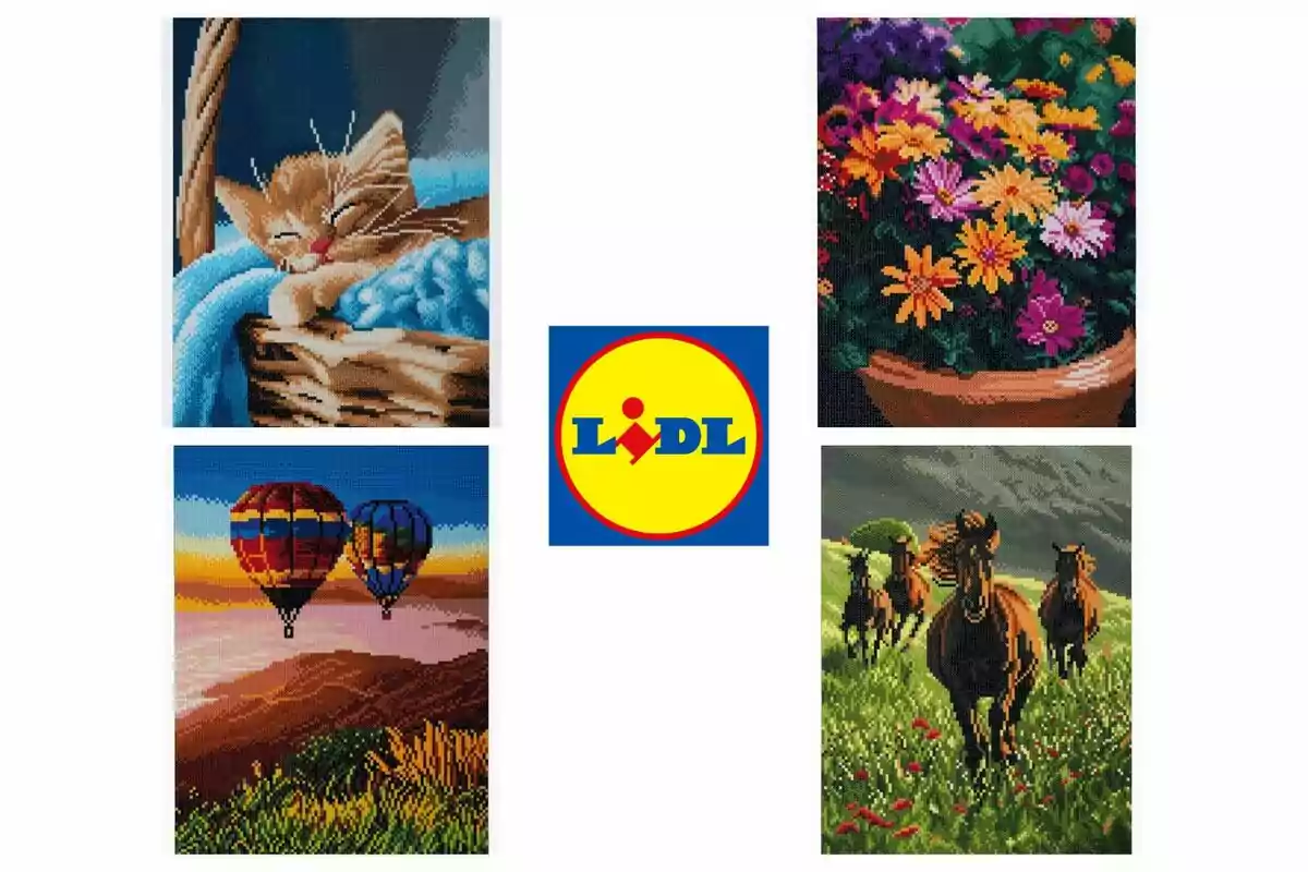 Quatre imatges d'art pixelat envolten un logotip de Lidl al centre: un gat dormint en una cistella, un gerro amb flors acolorides, dos globus aerostàtics sobre un paisatge al capvespre i cavalls corrent en un camp verd. Quatre imatges d'art pixelat envolten un logotip de Lidl al centre: un gat dormint en una cistella, un gerro amb flors acolorides, dos globus aerostàtics sobre un paisatge al capvespre i cavalls corrent en un camp verd.