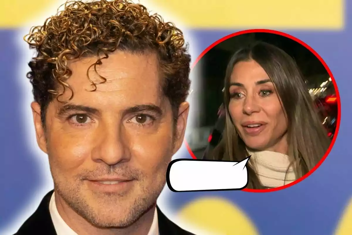 Muntatge de fotos de primer pla de David Bisbal amb cabell arrissat i Elena Tablada en un cercle vermell amb un globus de diàleg buit.