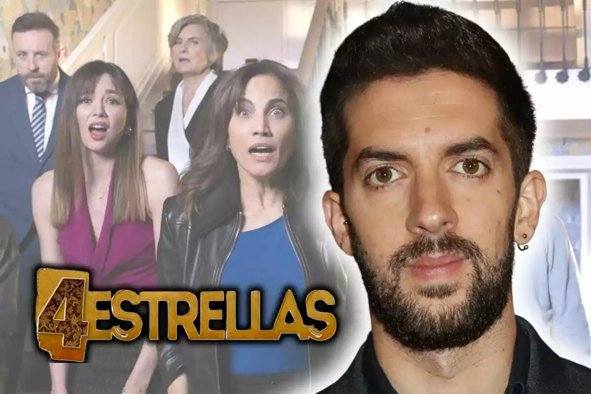 Imatge promocional de la sèrie "4 Estrellas" amb diversos personatges al fons i David Broncano amb rostre seriós en primer pla.