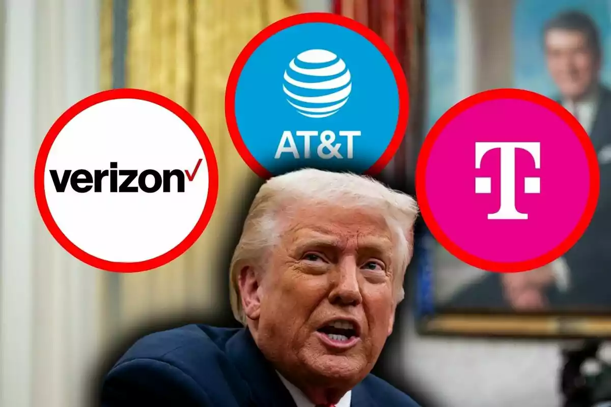 Montaje de fotos de Donald Trump hablando con logotipos de Verizon, AT&T y T-Mobile sobre su cabeza. Montaje de fotos de Donald Trump hablando con logotipos de Verizon, AT&T y T-Mobile sobre su cabeza.