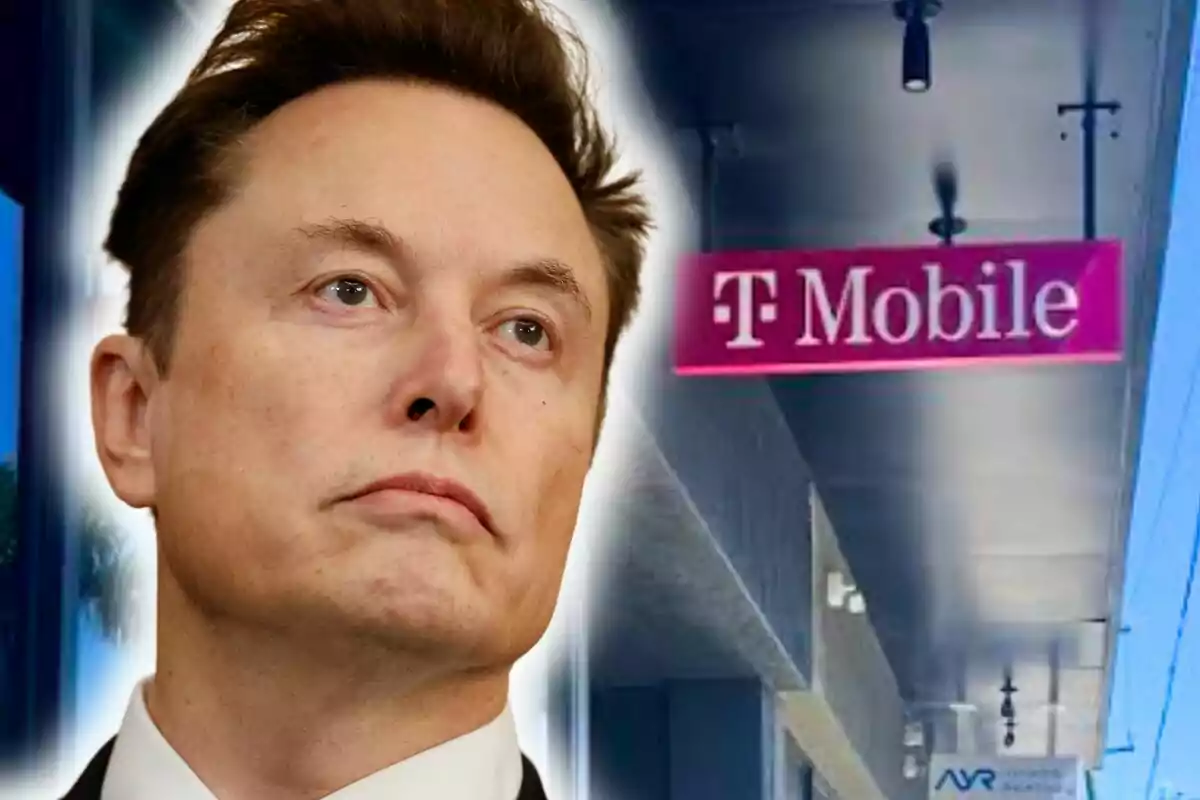 Close-up photo montage of Elon Musk with a serious face and, in the background, an image of a T-Mobile store in the United States.
