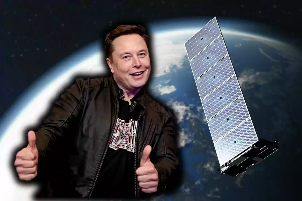 Photo montage of Elon Musk smiling with thumbs up next to a satellite in space with Earth in the background. Photo montage of Elon Musk smiling with thumbs up next to a satellite in space with Earth in the background.