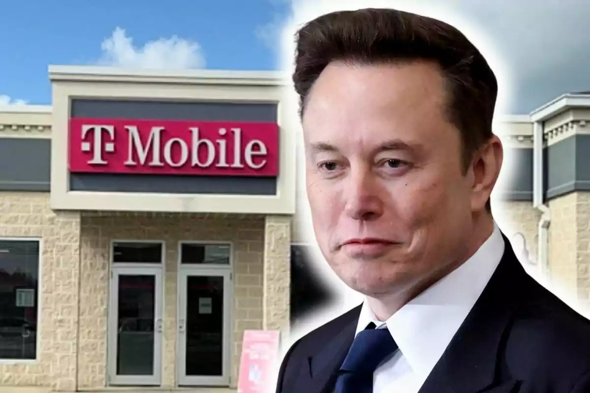 Photo montage of Elon Musk wearing a suit in front of a T-Mobile store. Photo montage of Elon Musk wearing a suit in front of a T-Mobile store.