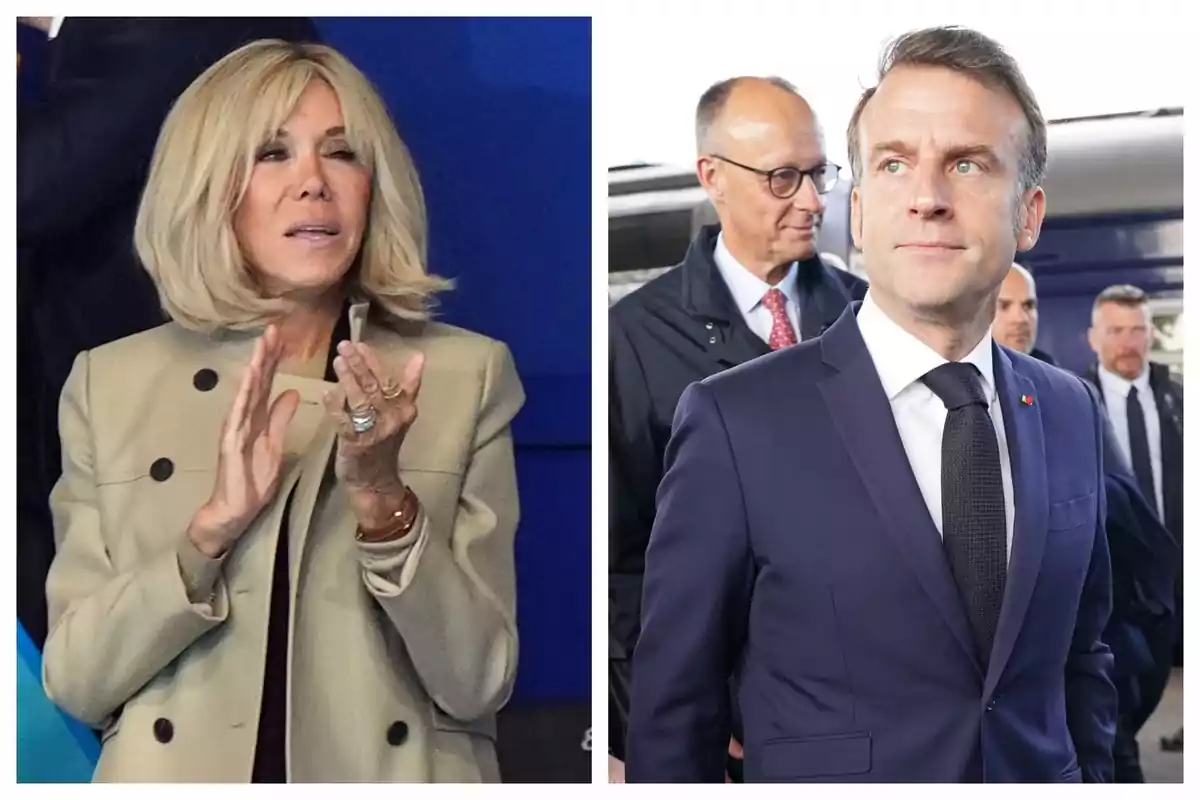 Muntatge de fotos de pla mitjà d’Emmanuel Macron i Brigitte Macron, tots dos amb el rostre neutre. Muntatge de fotos de pla mitjà d’Emmanuel Macron i Brigitte Macron, tots dos amb el rostre neutre.