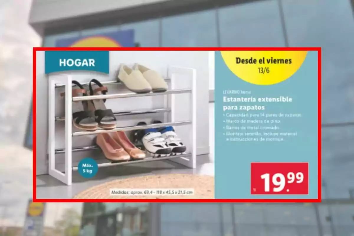 Prestatgeria blanca extensible per a sabates amb capacitat per a diversos parells, situada en una habitació al costat d’una catifa, amb preu d’oferta destacat en un anunci de Lidl. Prestatgeria blanca extensible per a sabates amb capacitat per a diversos parells, situada en una habitació al costat d’una catifa, amb preu d’oferta destacat en un anunci de Lidl.