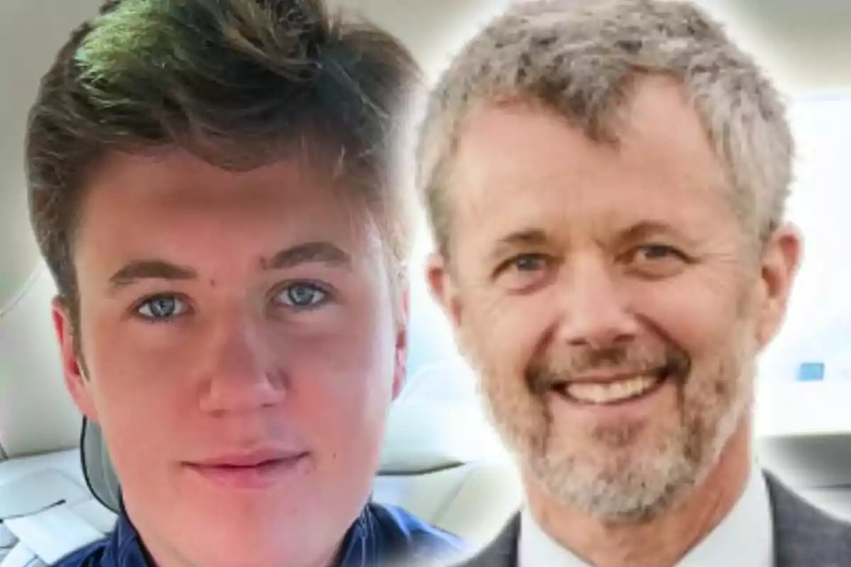 Montaje de fotos de primer plano de Federico de Dinamarca y el príncipe Christian de Dinamarca, ambos con rostro medio sonriente.