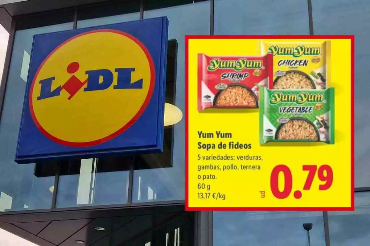 Cartell promocional de sopes Yum Yum de diferents sabors a la venda a Lidl per 0,79 euros davant la façana del supermercat Cartell promocional de sopes Yum Yum de diferents sabors a la venda a Lidl per 0,79 euros davant la façana del supermercat