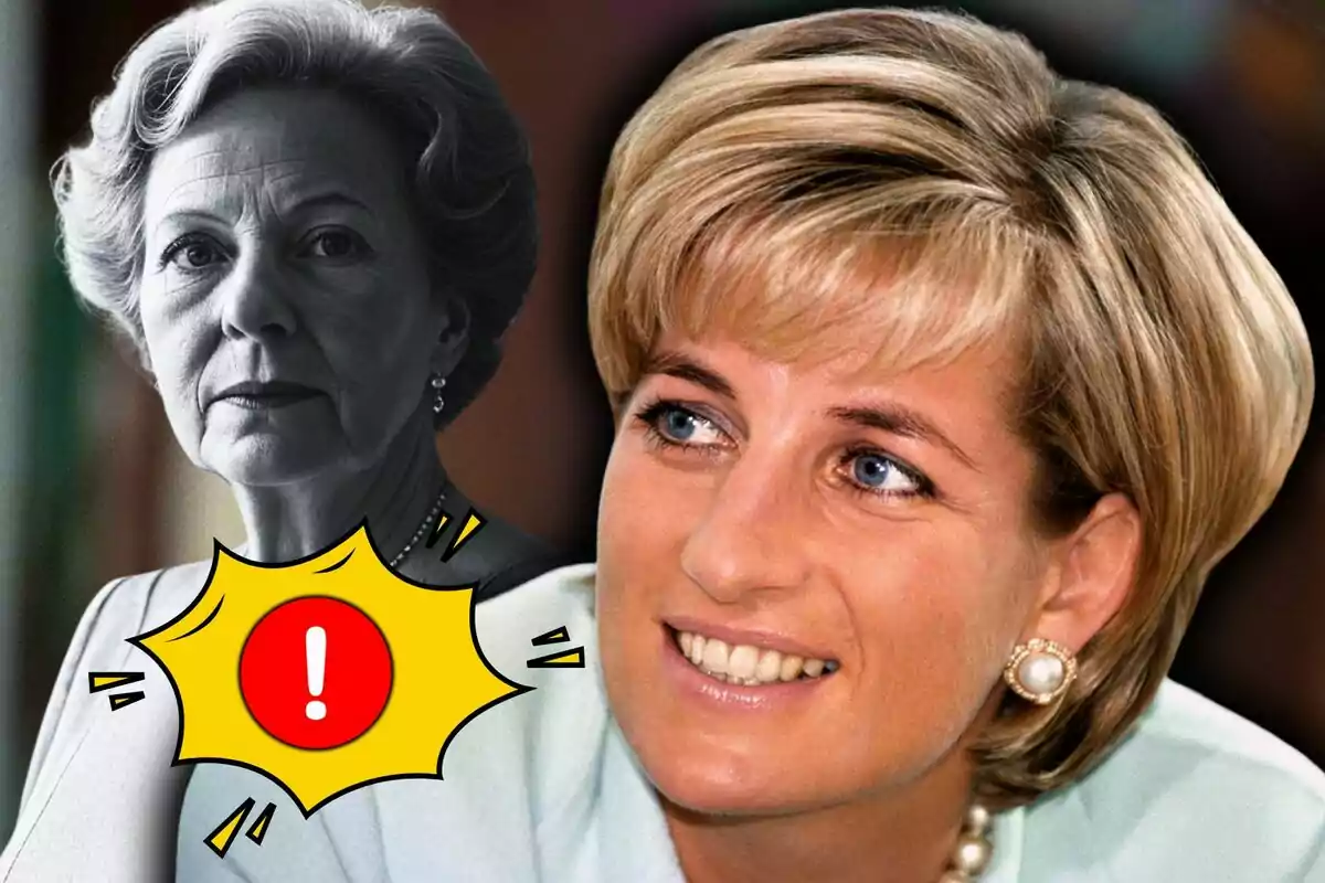 A la imatge apareixen dues dones, una és Frances Shand Kydd en blanc i negre amb expressió seriosa i l’altra és Lady Di en color somrient; a la part inferior esquerra hi ha un gràfic groc amb un signe d’exclamació vermell.