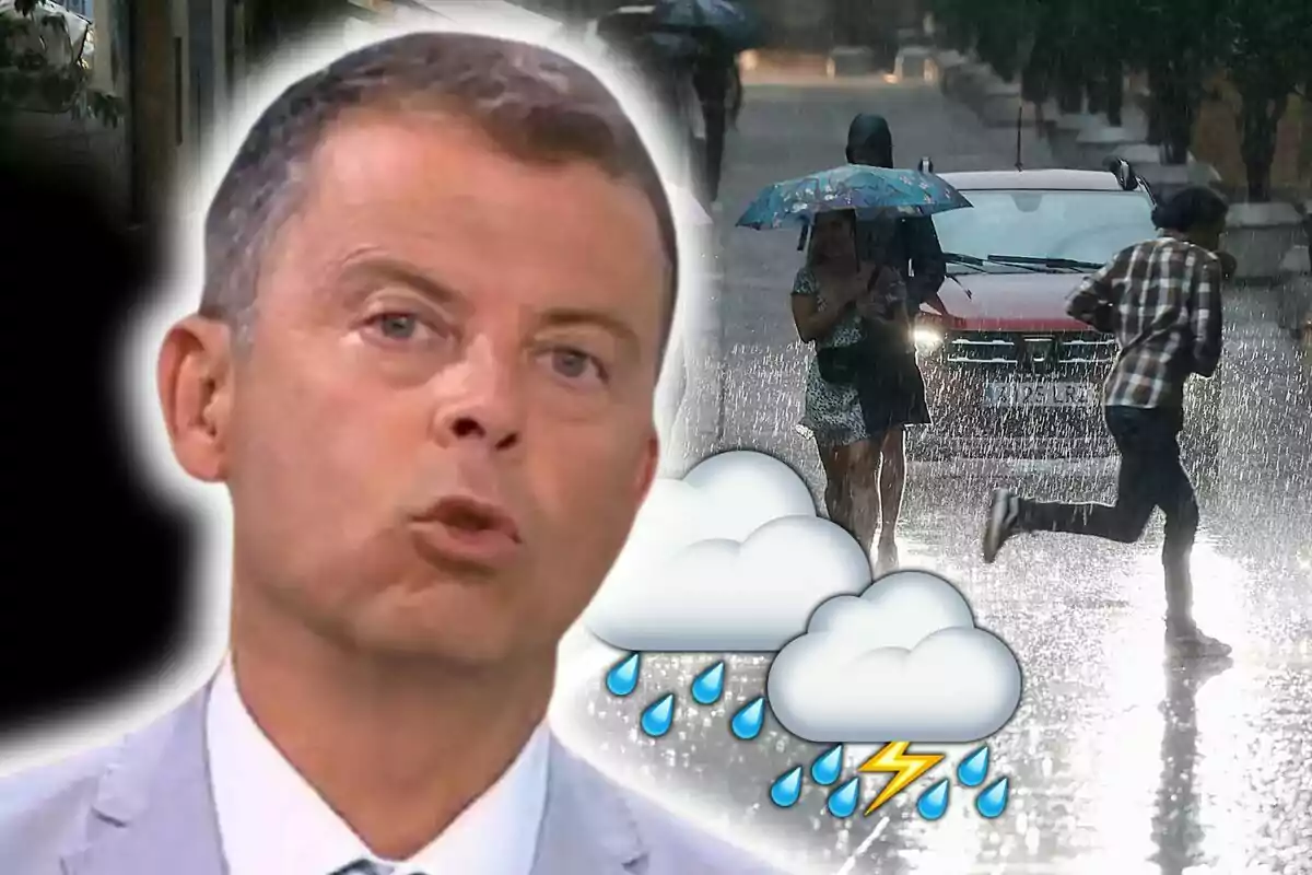 Francesc Mauri en primer plano con una expresión seria, mientras al fondo se observa una escena de lluvia intensa con personas usando paraguas y corriendo, junto a iconos de nubes y lluvia. Francesc Mauri en primer plano con una expresión seria, mientras al fondo se observa una escena de lluvia intensa con personas usando paraguas y corriendo, junto a iconos de nubes y lluvia.