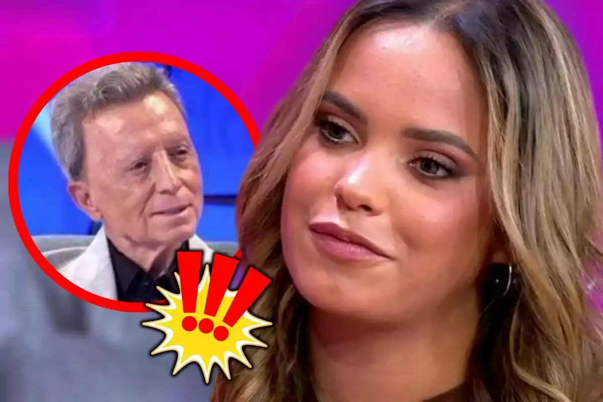 Muntatge de fotos de Gloria Camila Ortega amb expressió seriosa en primer pla i al fons la imatge de José Ortega Cano dins d’un cercle vermell amb un gràfic d’exclamacions grogues i vermelles.
