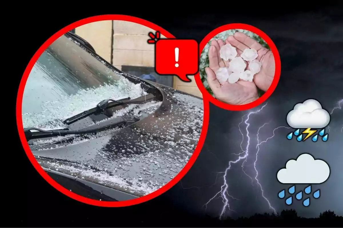 Imatge d’un cotxe cobert de calamarsa amb una mà sostenint boles de calamarsa, amb un fons d’una tempesta elèctrica i núvols de pluja amb llamps i gotes d’aigua.