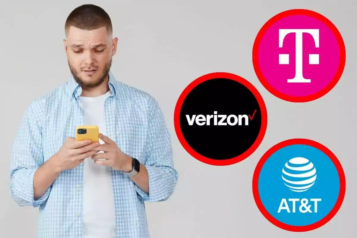 Hombre con expresión de duda mirando su celular mientras aparecen los logotipos de Verizon, T-Mobile y AT&T a su lado. Hombre con expresión de duda mirando su celular mientras aparecen los logotipos de Verizon, T-Mobile y AT&T a su lado.