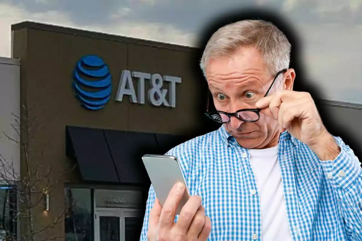 A man with a surprised expression looks at his phone in front of an AT&T store.