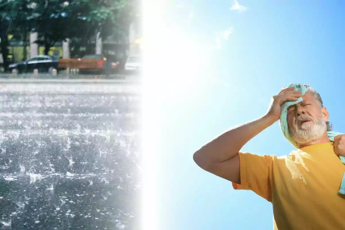 La meitat de la imatge mostra un carrer sota una pluja intensa i l’altra meitat un home gran eixugant-se la suor sota el sol fort.