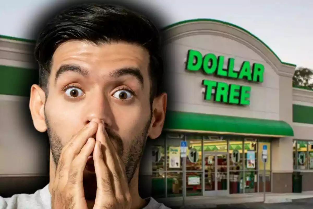 Un hombre con expresión de sorpresa frente a una tienda Dollar Tree.