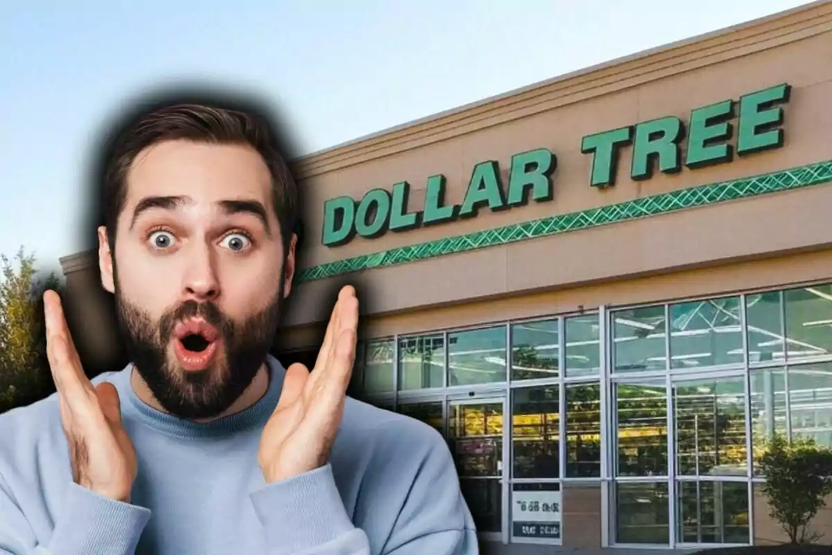 Un home amb expressió de sorpresa està davant d'una botiga Dollar Tree.