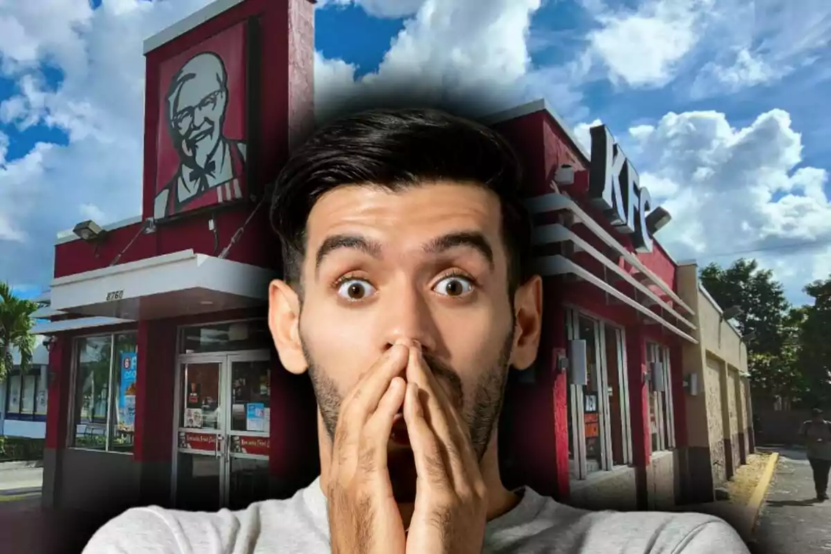 A man with a surprised expression in front of a KFC restaurant in the United States.