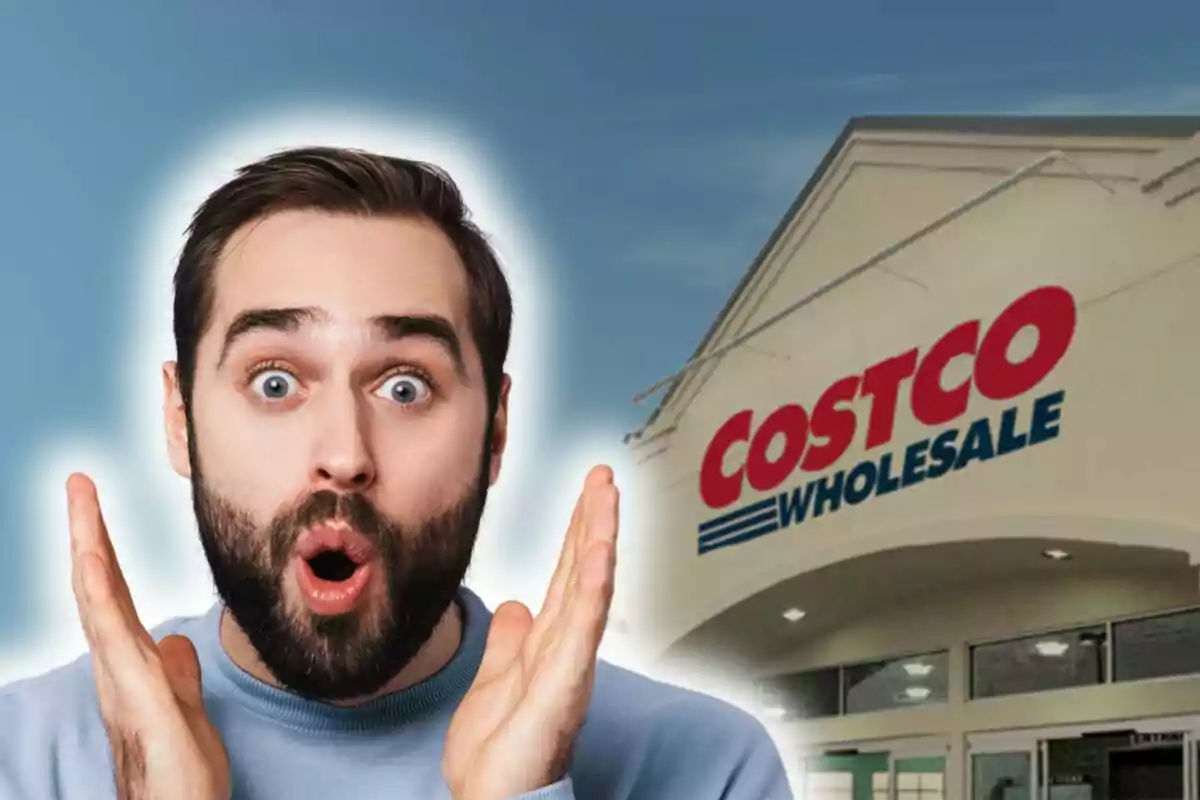 Photo montage of a man with a surprised expression in front of a Costco store in the United States.