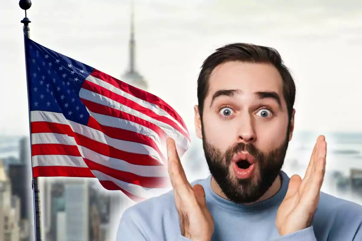 Photo montage of a surprised man with a United States flag waving in the background in a city.