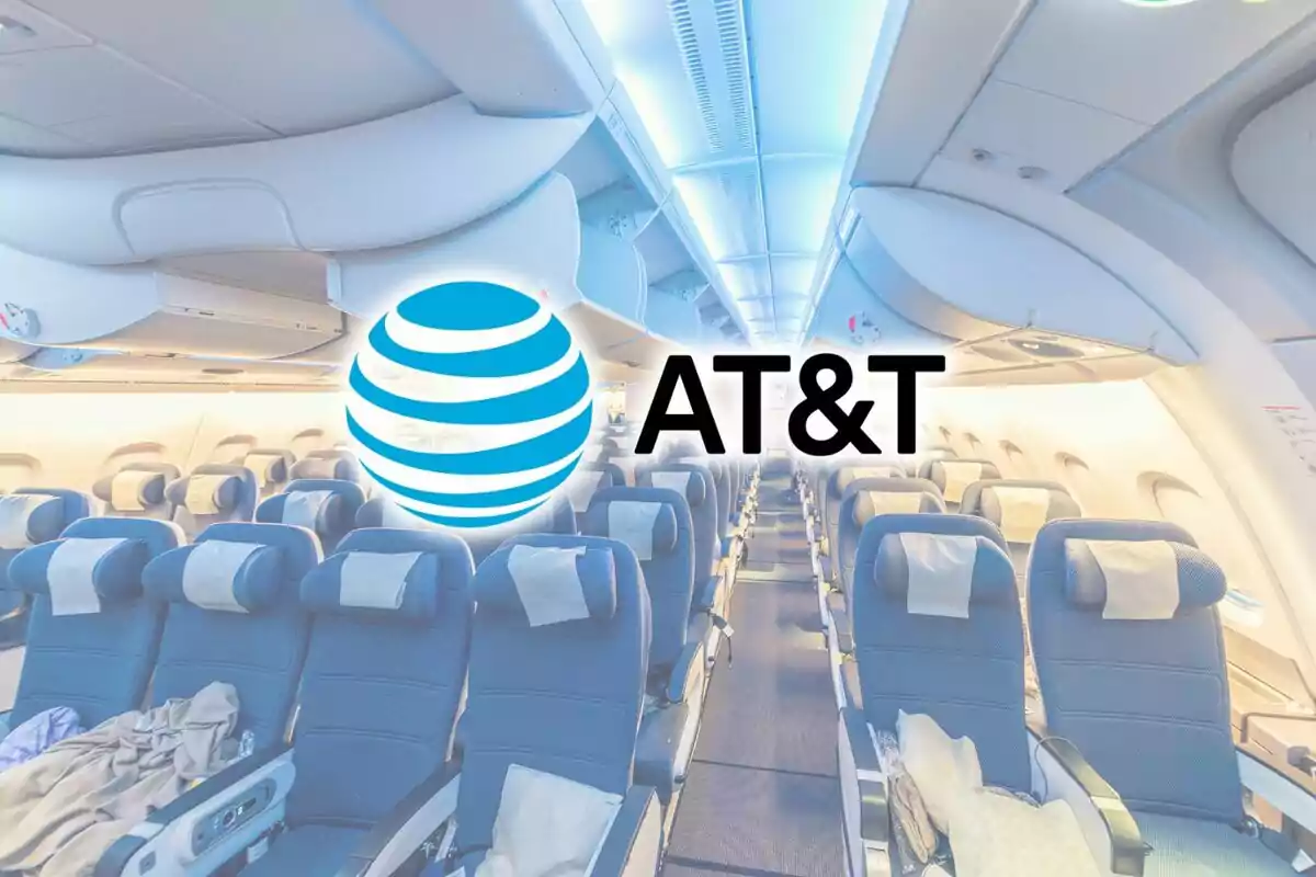 Interior of a plane with empty seats and the AT&T logo overlaid. Interior of a plane with empty seats and the AT&T logo overlaid.