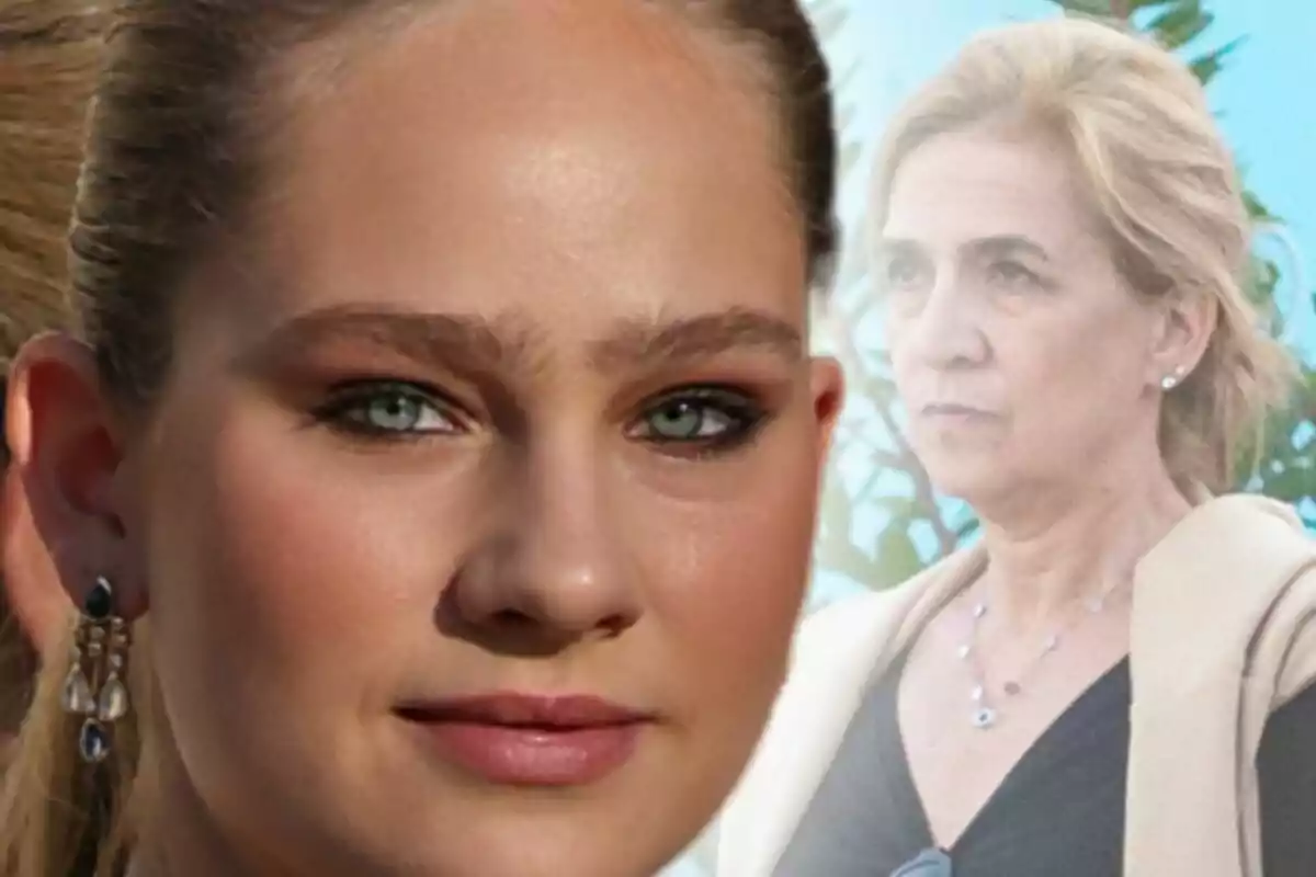 Primer pla d’Irene Urdangarin amb rostre neutre i, al fons, hi apareix la infanta Cristina amb expressió seriosa.