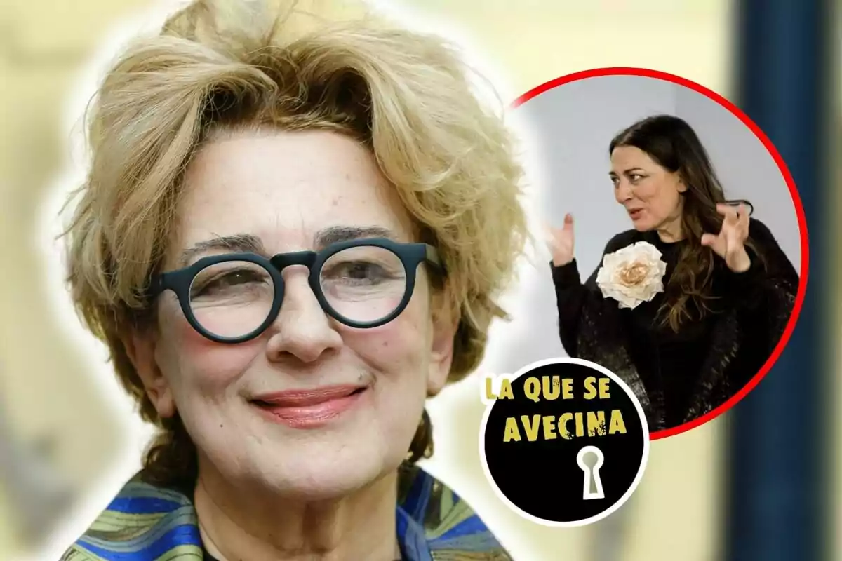 Muntatge de fotos de primer pla d'Isabel Ordaz amb rostre somrient i, al costat, una imatge d'ella interpretant el seu personatge a la sèrie de Telecinco 'La que se avecina'